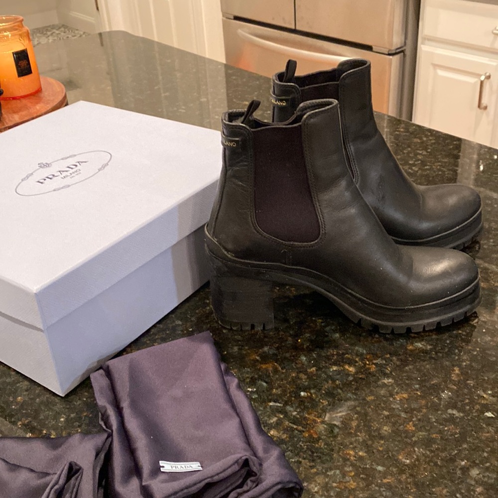 Prada womens black leather lug sole Chelsea boot size 38